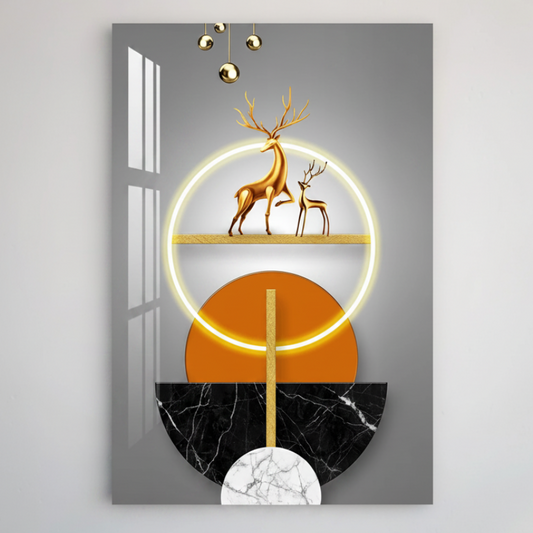 Cerf Doré Tableau en Verre Trempé