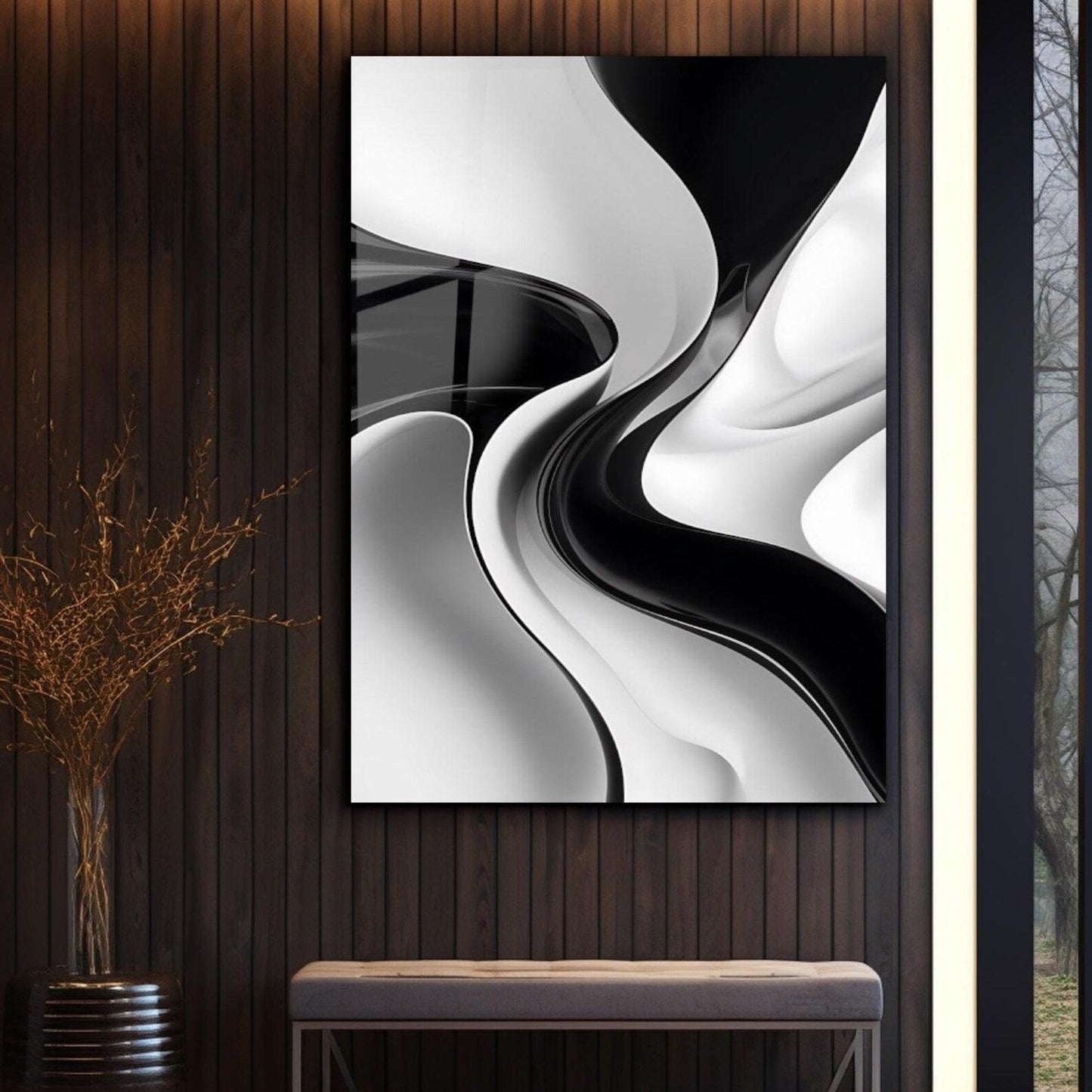 Noir et Blanc Abstrait Tableau en Verre Trempé