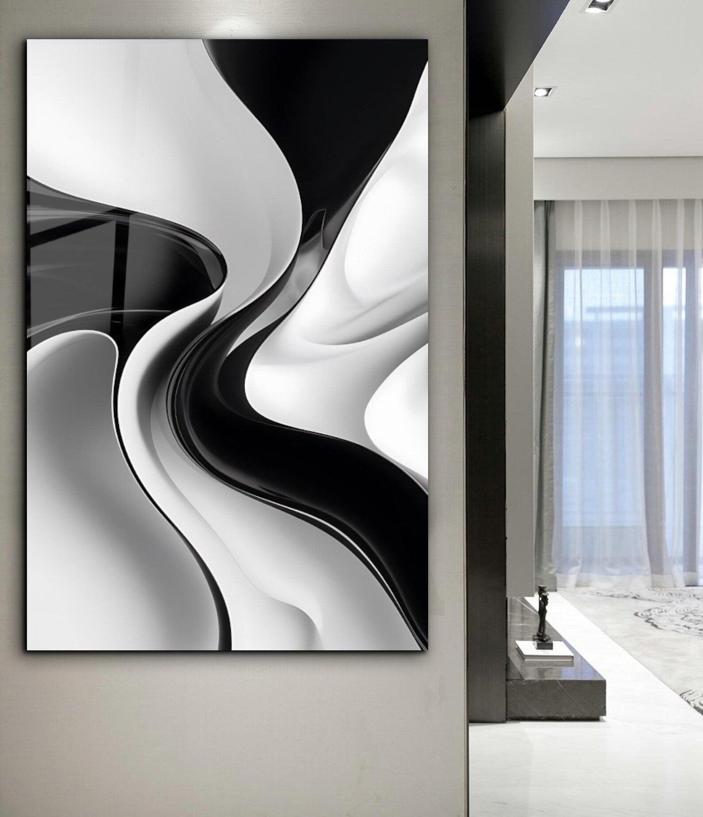 Noir et Blanc Abstrait Tableau en Verre Trempé