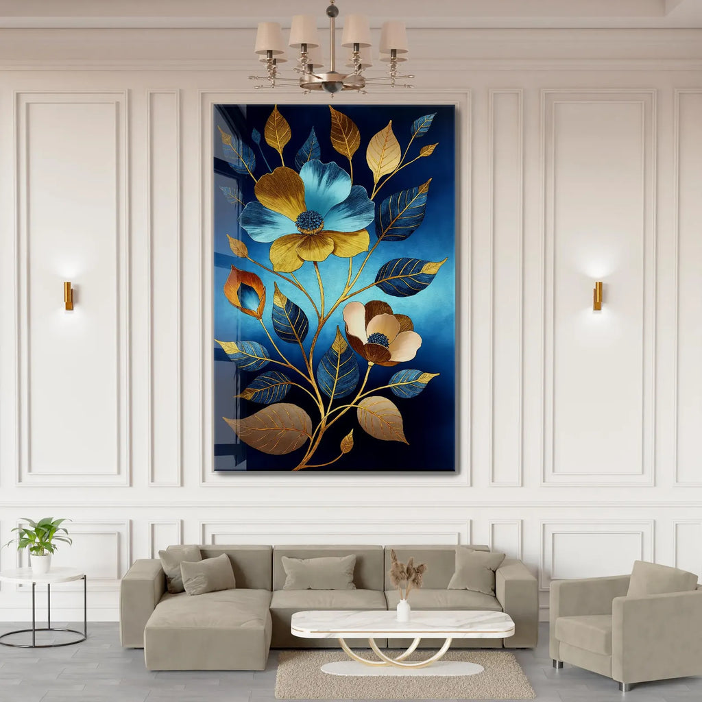 Arte murale in vetro con fiori blu 