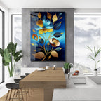 Arte murale in vetro con fiori blu 