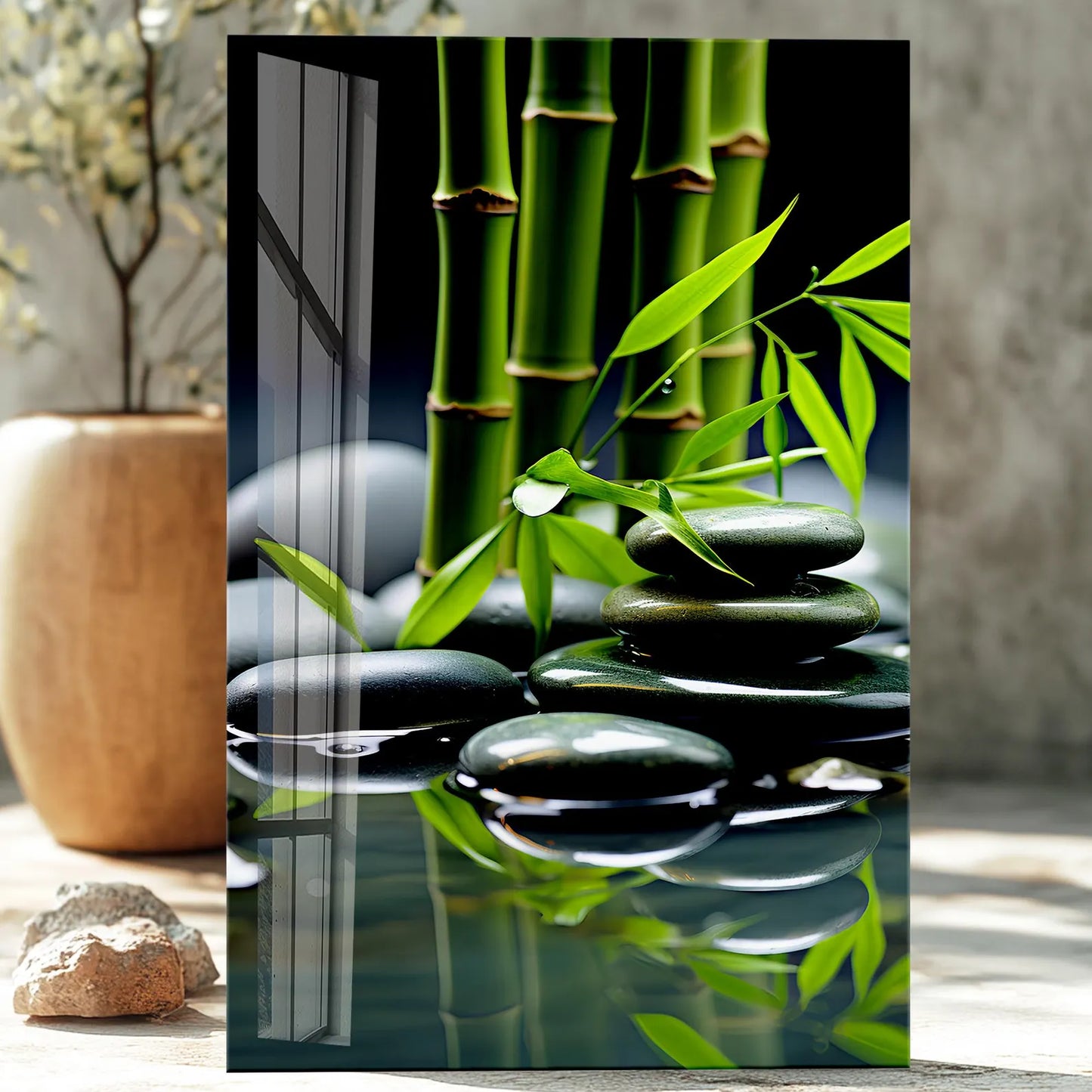 Stones and Bamboo Glass Wall Art