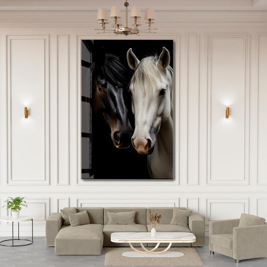 Chevaux Blancs et Noirs Tableau en Verre Trempé