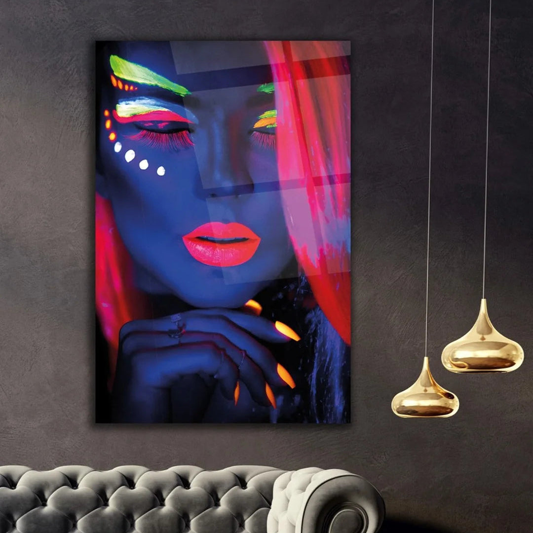 Ragazza al Neon Quadro in Vetro Temperato