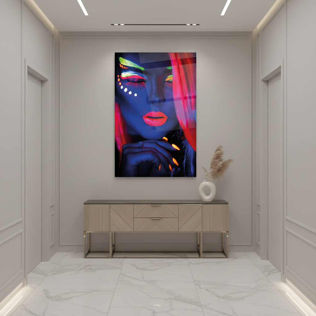 Ragazza al Neon Quadro in Vetro Temperato