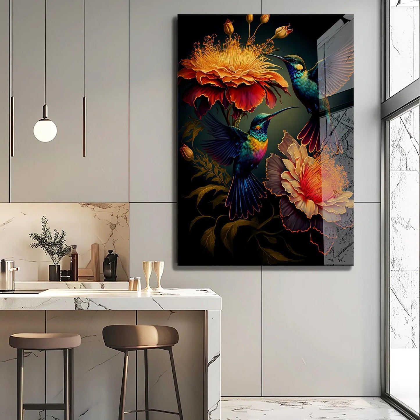 Two Hummingbirds Glass Wall Art