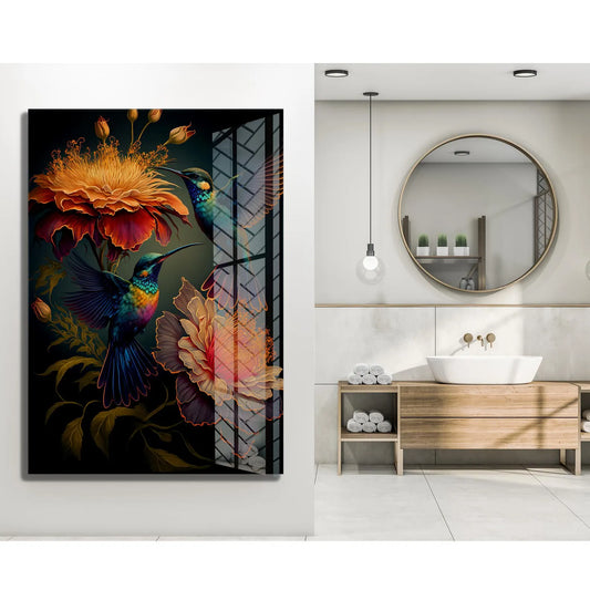 Two Hummingbirds Glass Wall Art