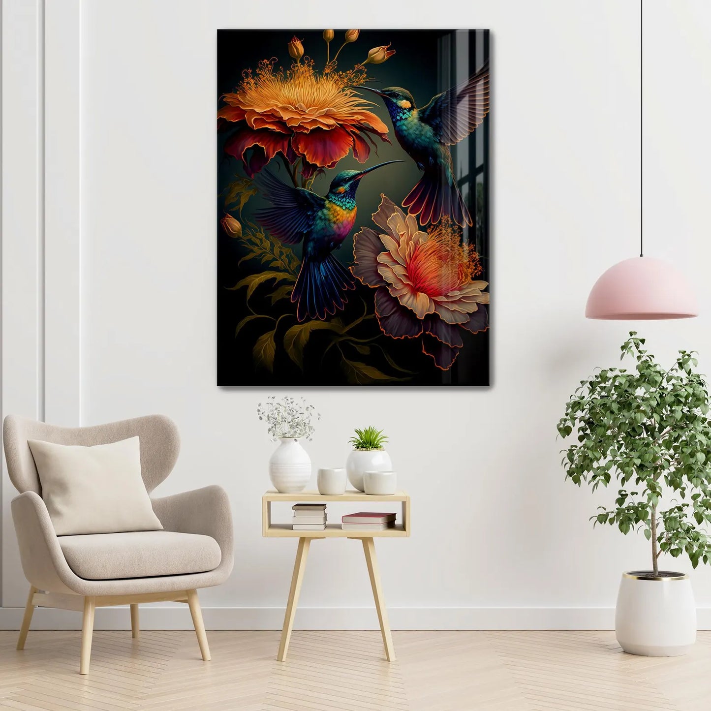 Two Hummingbirds Glass Wall Art