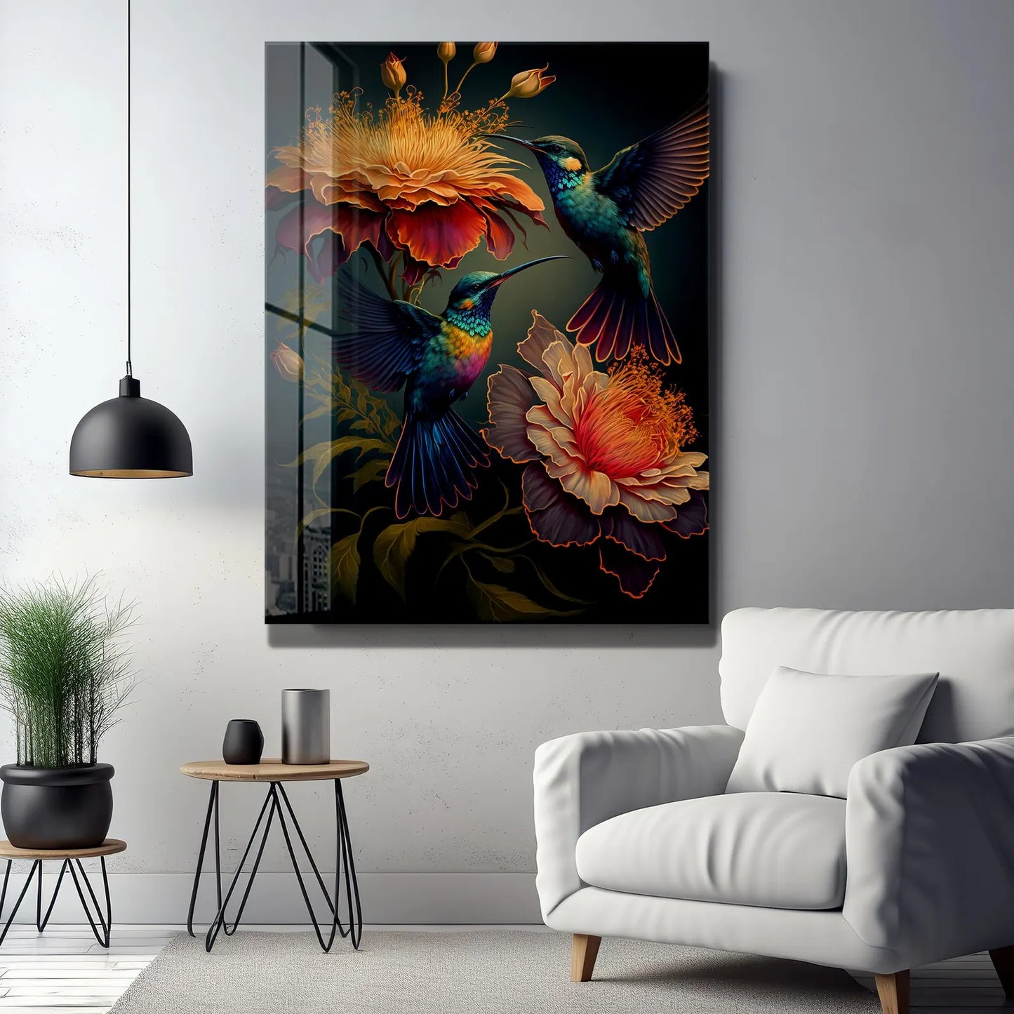 Two Hummingbirds Glass Wall Art