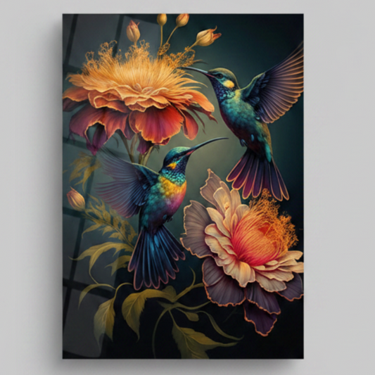 Two Hummingbirds Glass Wall Art