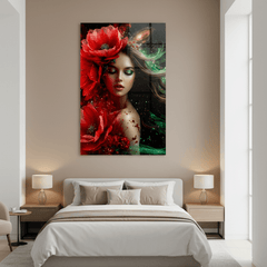 Romantic Girl with Poppies Glass Wall Art