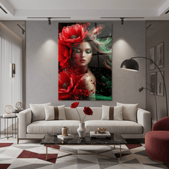 Romantic Girl with Poppies Glass Wall Art