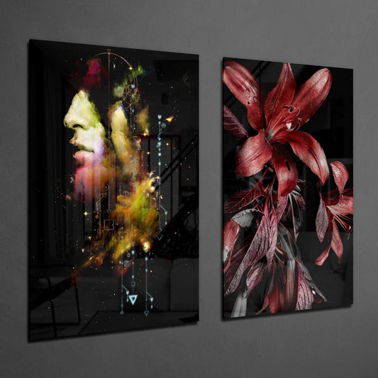 Man and Flower 2 Pieces Combine Glass Wall Art