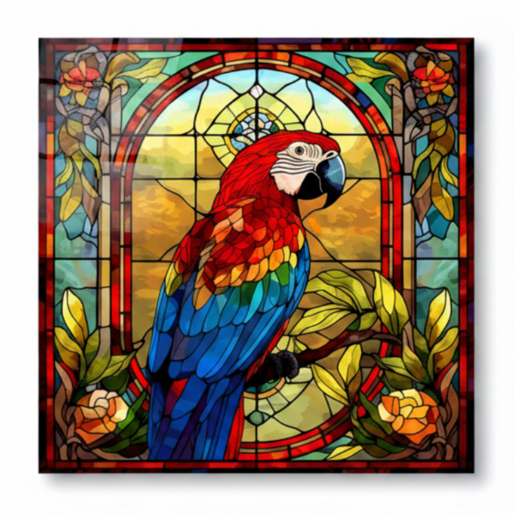 Perroquet Coloré Tableau en Verre Trempé