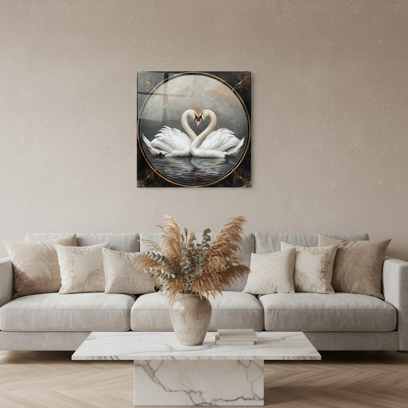 Deux Cygnes Tableau en Verre Trempé
