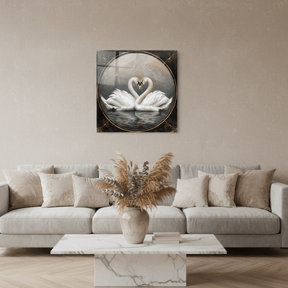 Deux Cygnes Tableau en Verre Trempé