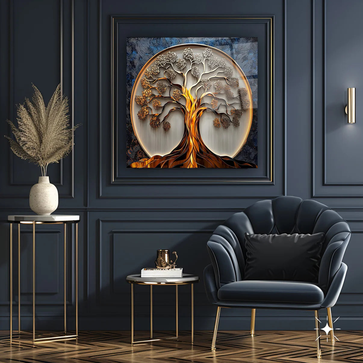 Arbre de Vie en Or et Argent Tableau en Verre Trempé