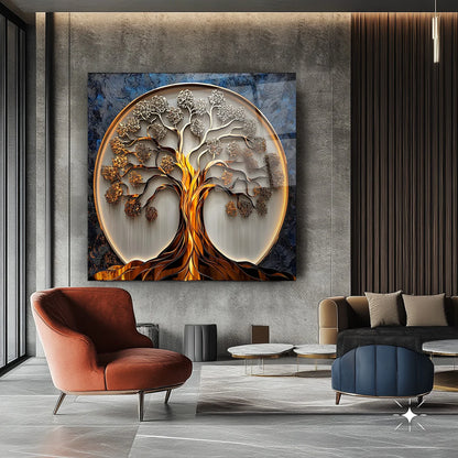 Arbre de Vie en Or et Argent Tableau en Verre Trempé