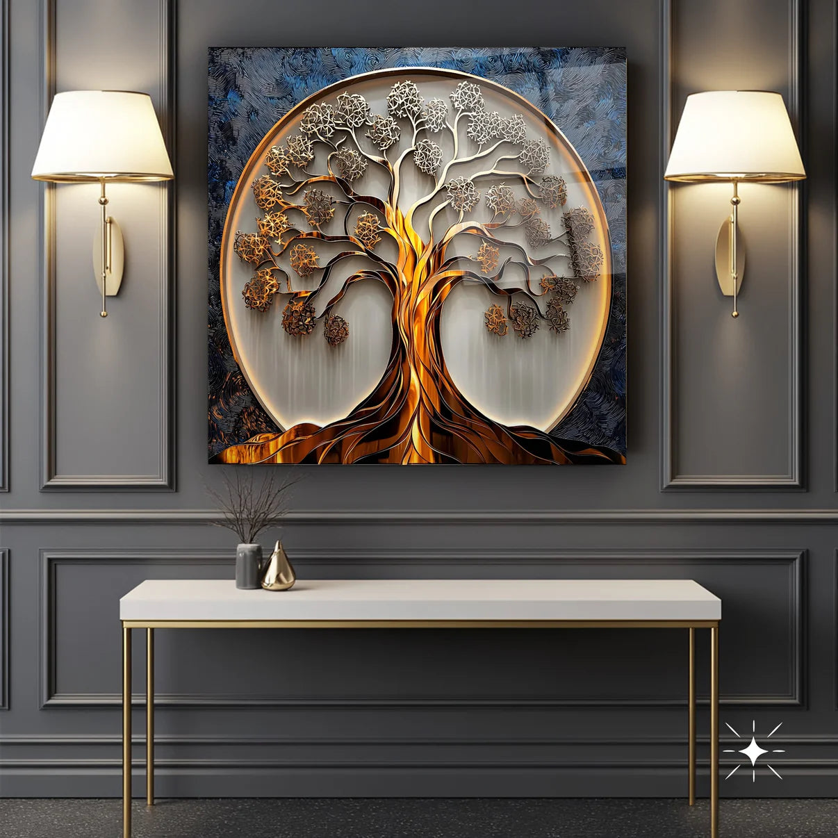 Arbre de Vie en Or et Argent Tableau en Verre Trempé