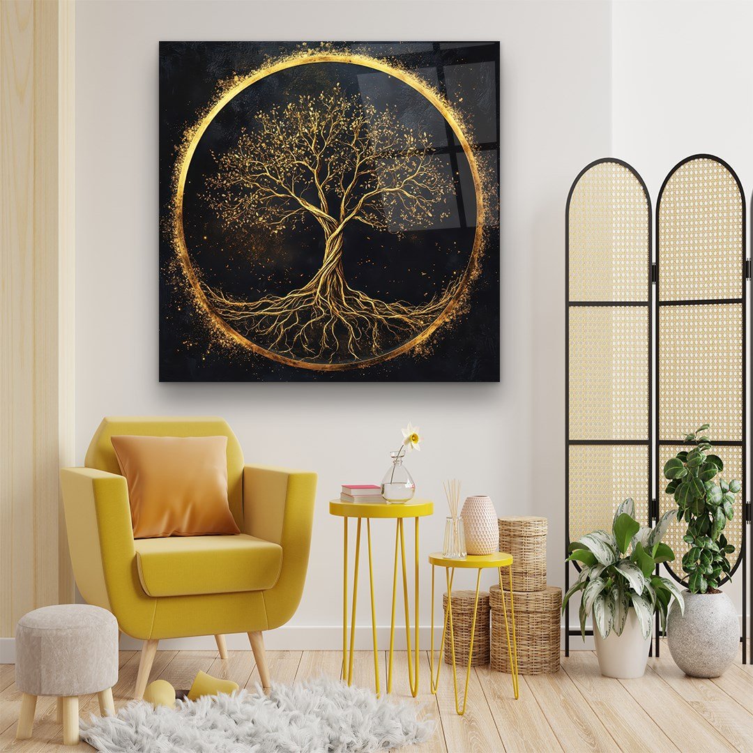 Arbre d'or Tableau en Verre Trempé