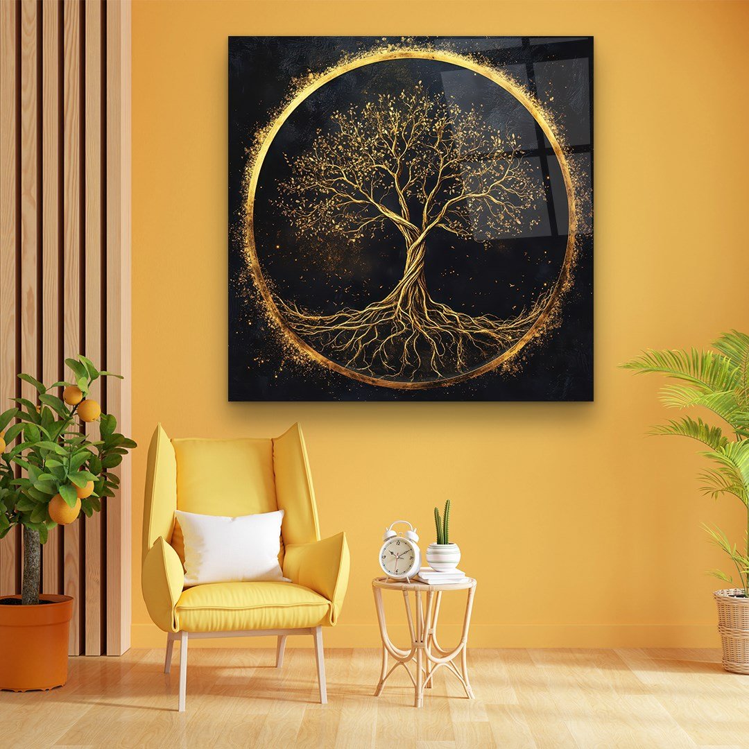Arbre d'or Tableau en Verre Trempé