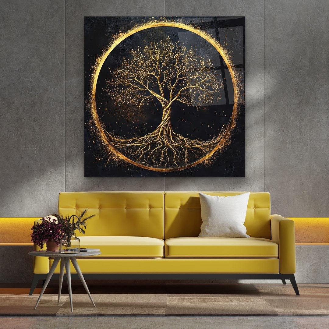 Arbre d'or Tableau en Verre Trempé