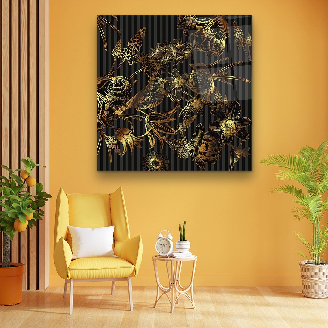 Gold Birds and Flowers Glass Wall Art