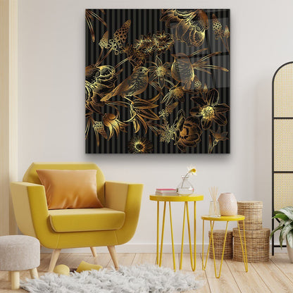 Gold Birds and Flowers Glass Wall Art