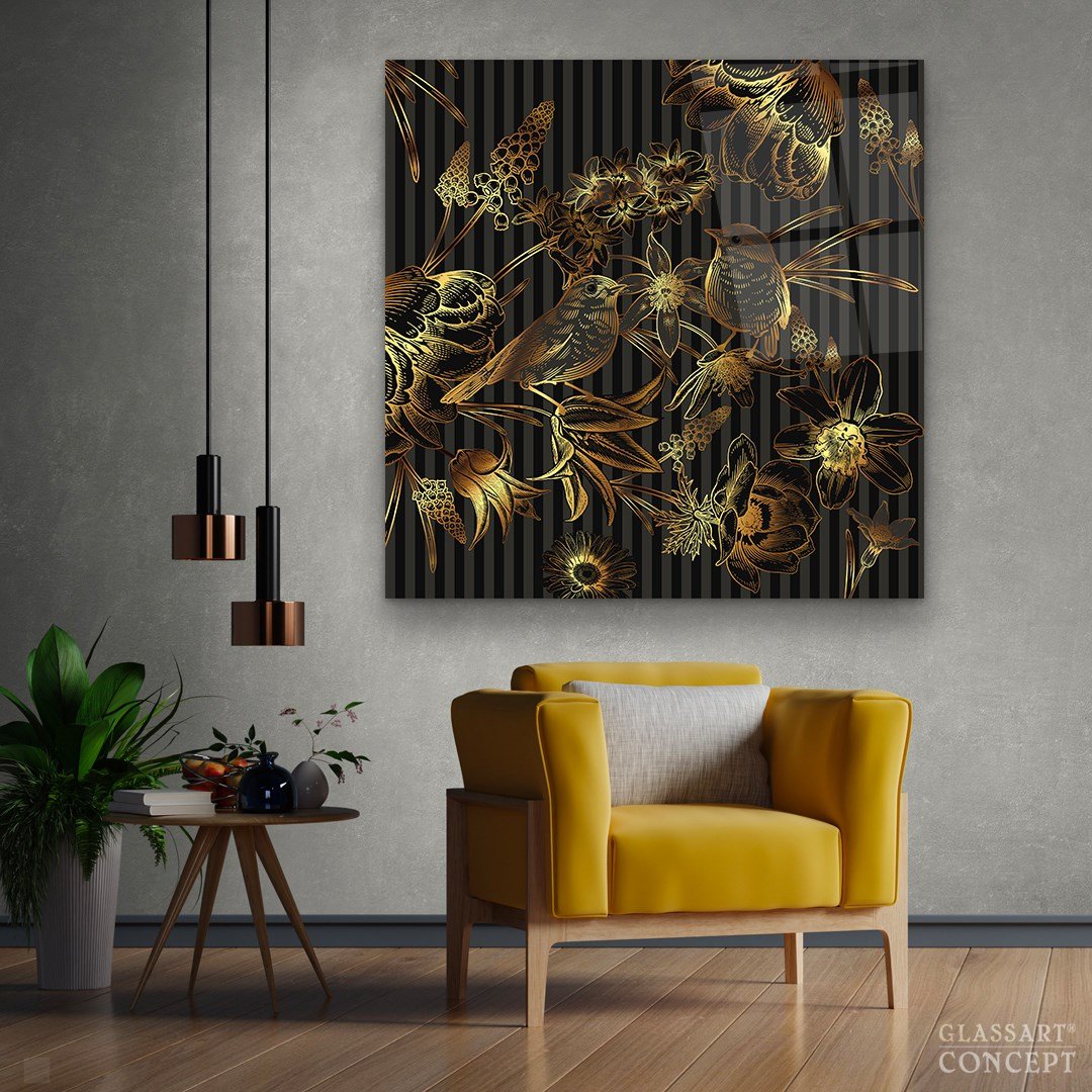 Gold Birds and Flowers Glass Wall Art