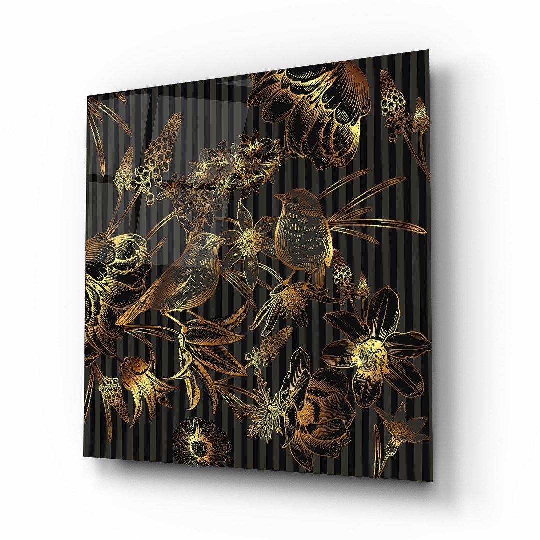 Gold Birds and Flowers Glass Wall Art