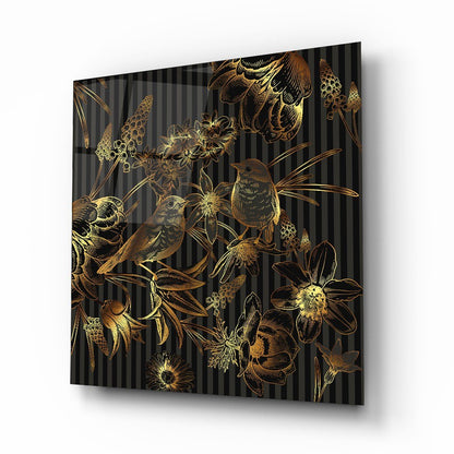 Gold Birds and Flowers Glass Wall Art