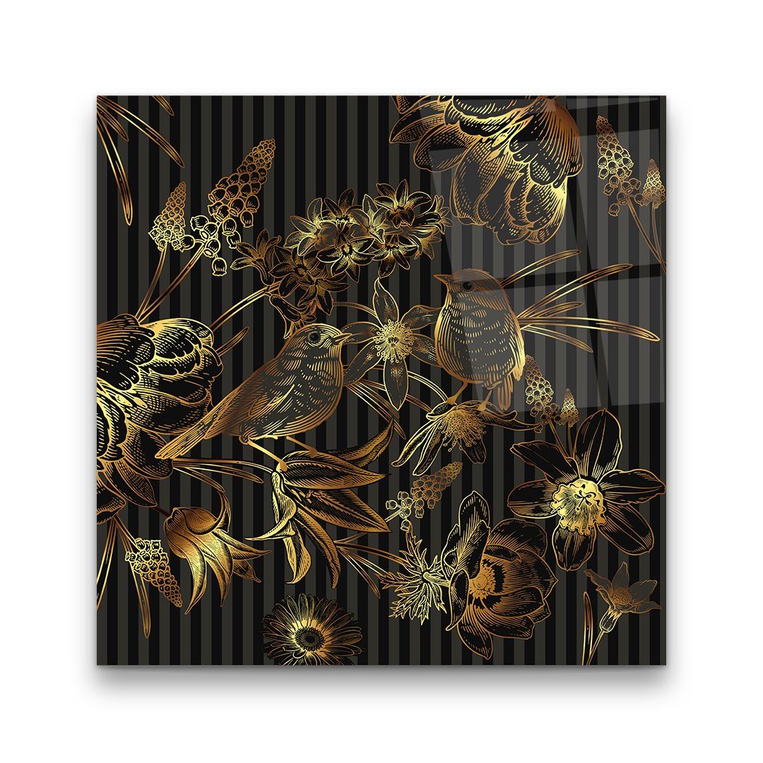 Gold Birds and Flowers Glass Wall Art