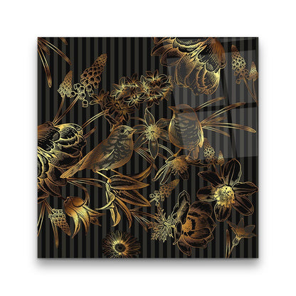 Gold Birds and Flowers Glass Wall Art