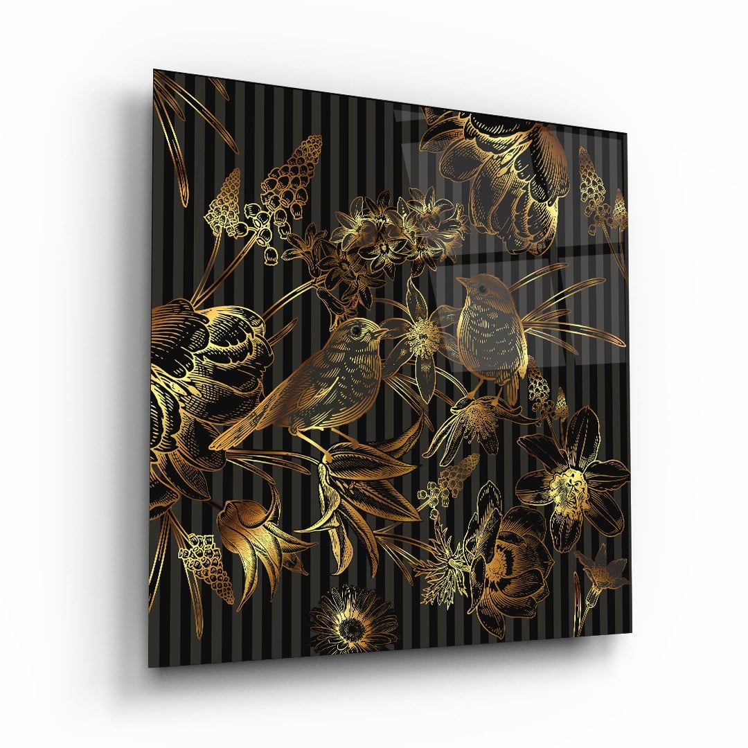 Gold Birds and Flowers Glass Wall Art