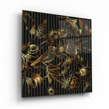 Gold Birds and Flowers Glass Wall Art