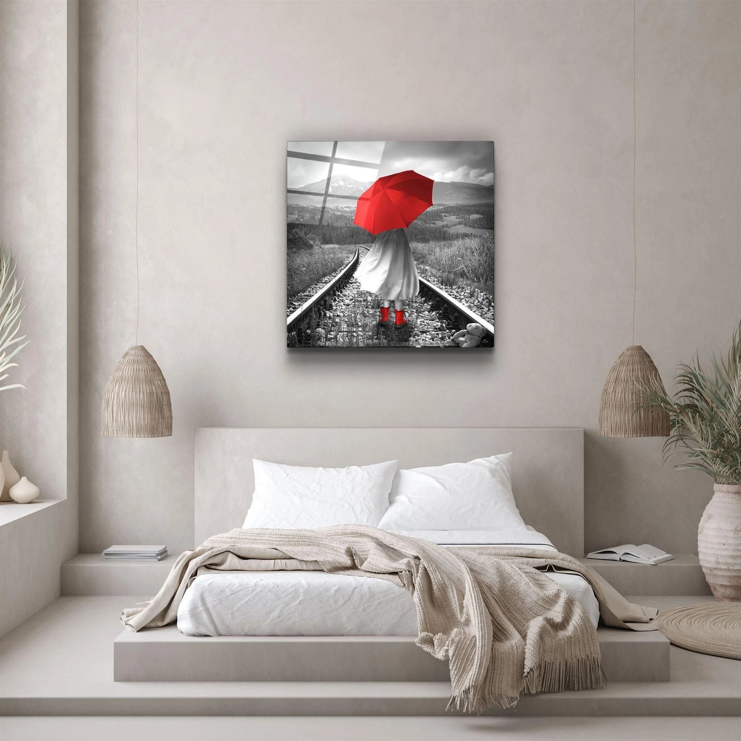 Girl with Red Umbrella Glass Wall Art