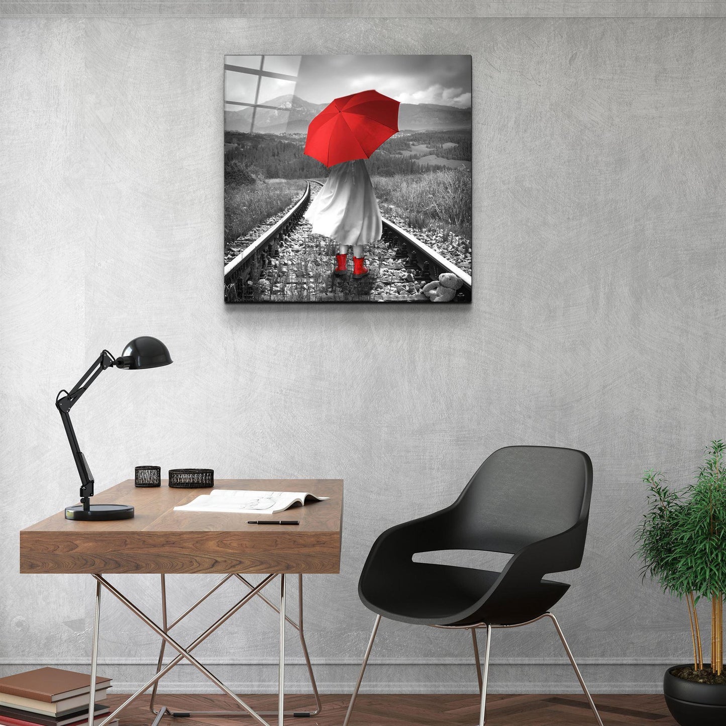 Girl with Red Umbrella Glass Wall Art