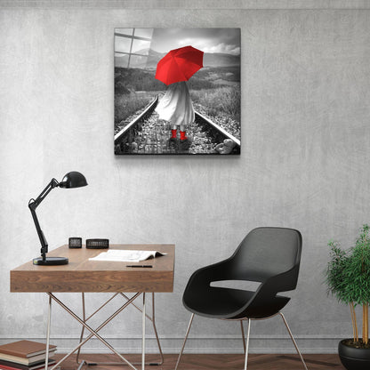 Girl with Red Umbrella Glass Wall Art - LUXARTDECO