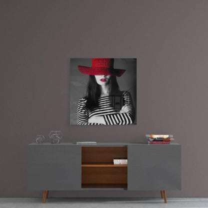 Woman in Red Hat Glass Wall Art - LUXARTDECO