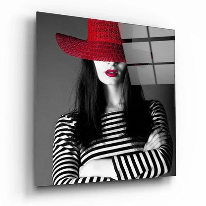 Woman in Red Hat Glass Wall Art - LUXARTDECO