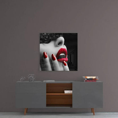 Red Lipstick Woman Glass Wall Art - LUXARTDECO