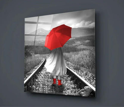 Girl with Red Umbrella Glass Wall Art - LUXARTDECO