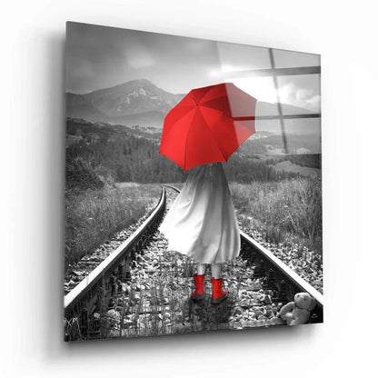 Girl with Red Umbrella Glass Wall Art - LUXARTDECO