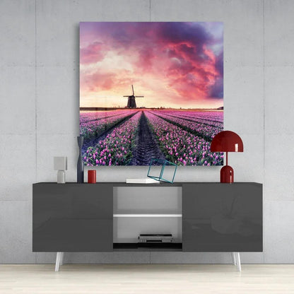 Tulip Field Glass Wall Art - LUXARTDECO