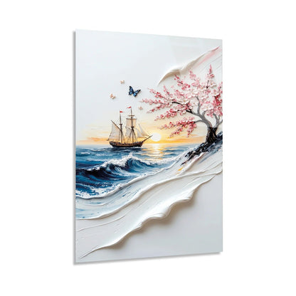 Sailing & Cherry Blossom Glass Wall Art