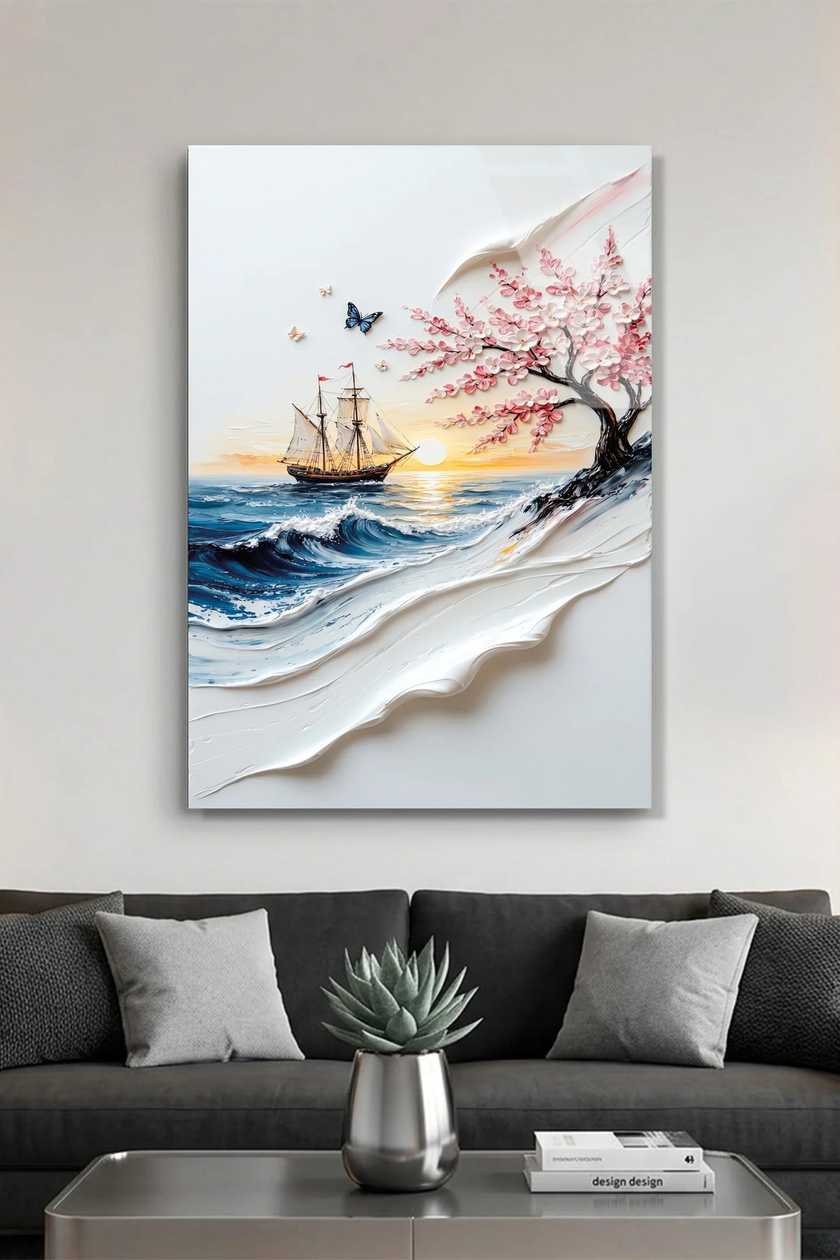Sailing & Cherry Blossom Glass Wall Art