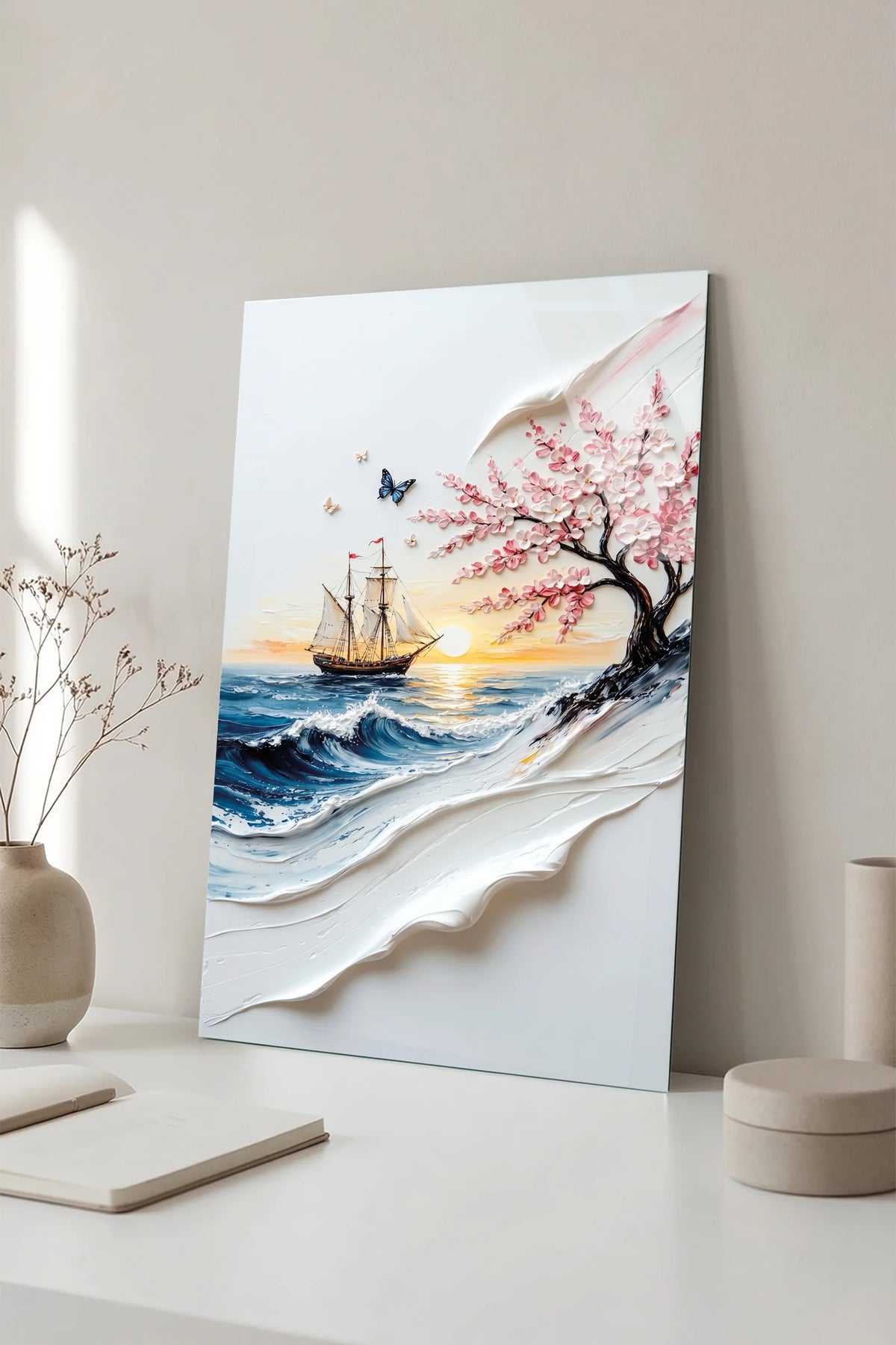 Sailing & Cherry Blossom Glass Wall Art