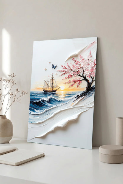 Sailing & Cherry Blossom Glass Wall Art