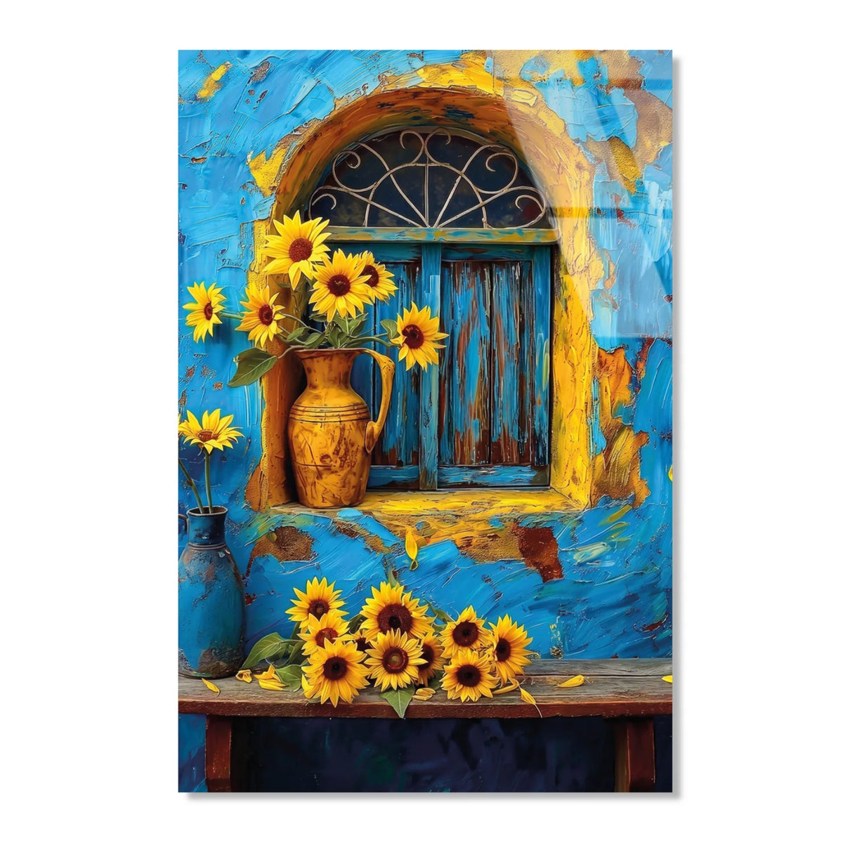 Tournesols et Fenêtre Bleue Tableau en Verre Trempé