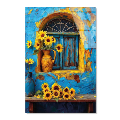 Tournesols et Fenêtre Bleue Tableau en Verre Trempé
